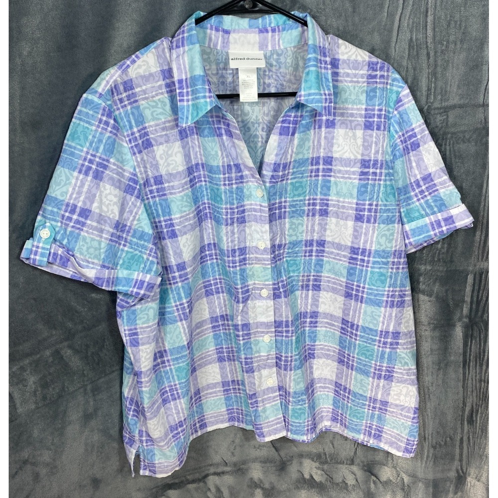 Alfred Dunner Paisley Floral Top Shirt Blouse Size XL Plaid Summer Beach Coastal